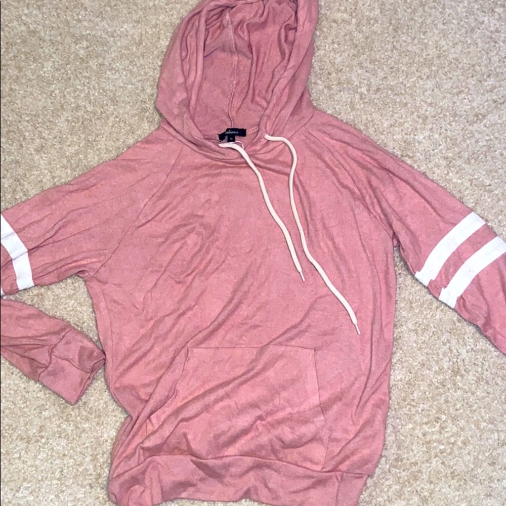Thin, light pink hoodie, white striped sleeves!